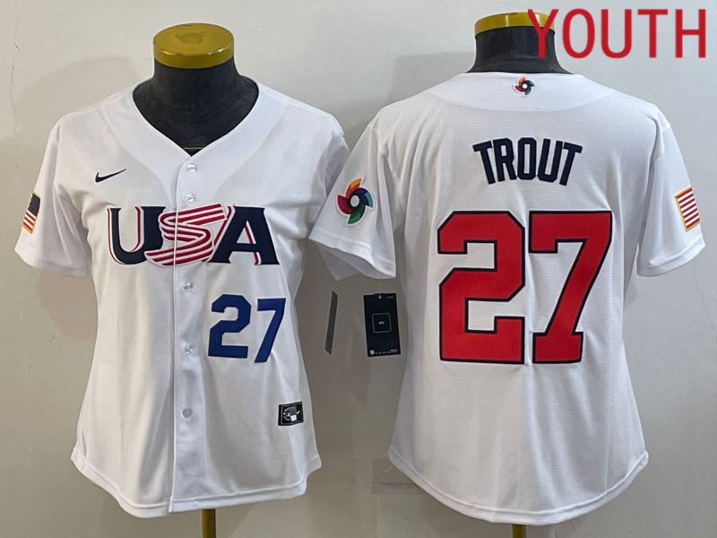 Youth 2023 World Cub USA #27 Trout White MLB Jersey4->youth mlb jersey->Youth Jersey
